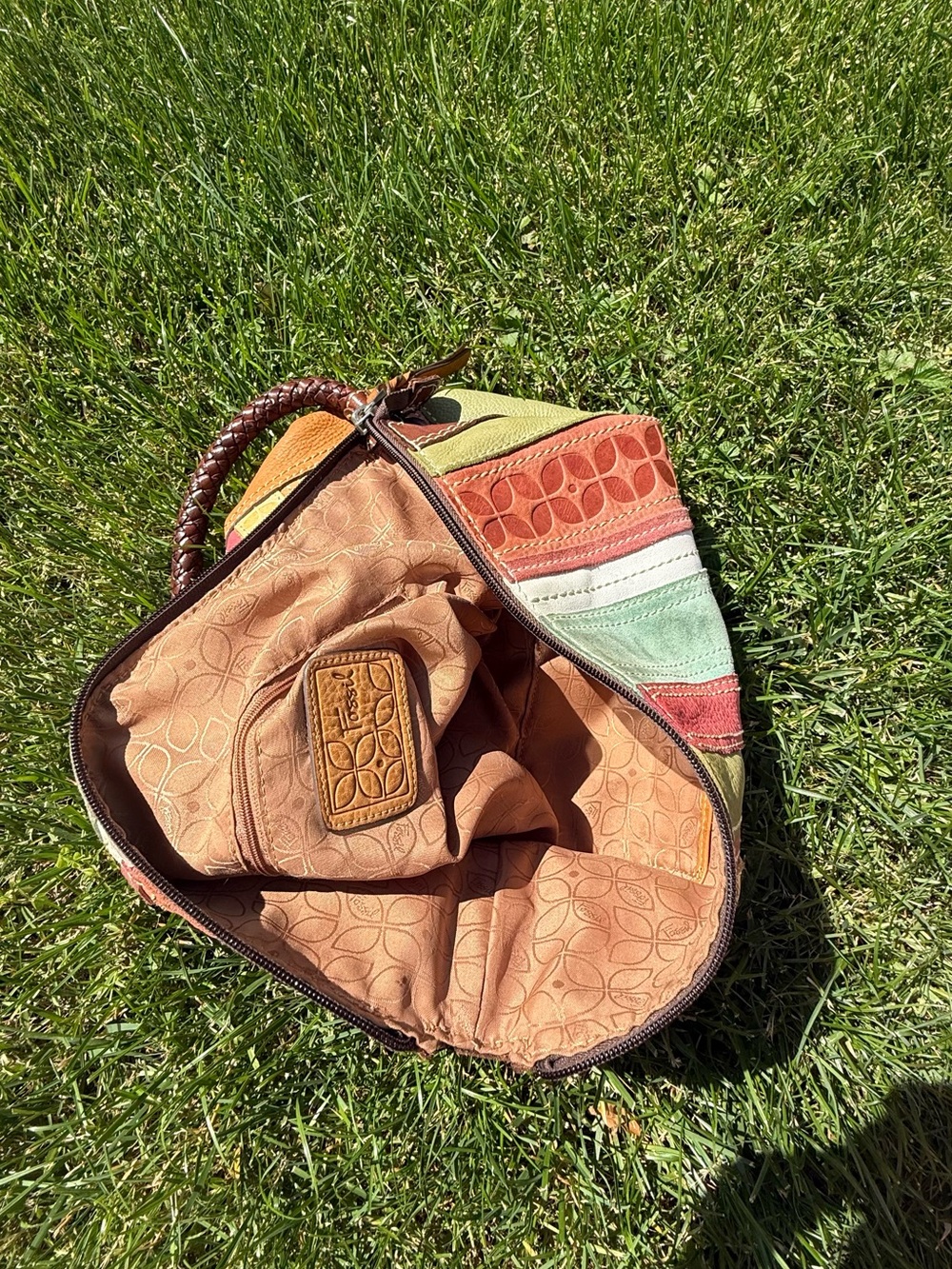 Fossil Patchwork Leather Hobo Bag Boho Y2K Shoulder Purse Multicolor Suede - Picture 7 of 8